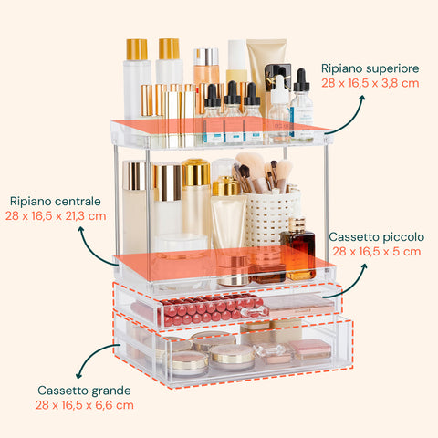 Make-up-Organizer mit 4 Ablagen und 2 transparenten, platzsparenden Schubladen