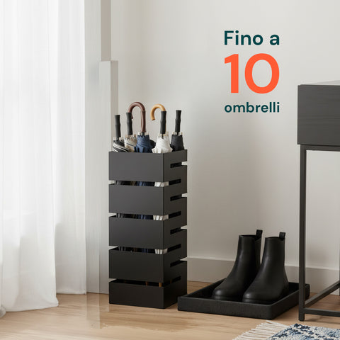 Moderner schwarzer Regenschirmständer aus Metall mit 2 Haken und Abtropfschale