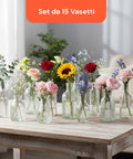 Set mit 15 transparenten Glasvasen für Blumen und Tischdekorationen in verschiedenen Formen und Größen