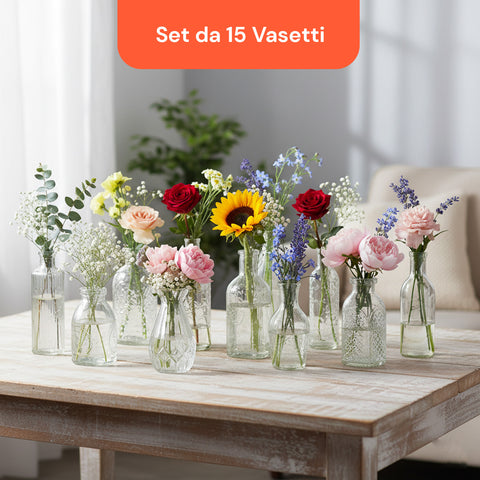 Set mit 15 transparenten Glasvasen für Blumen und Tischdekorationen in verschiedenen Formen und Größen