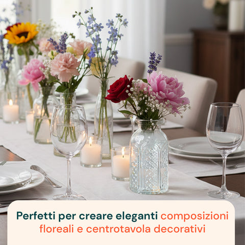 Set mit 15 transparenten Glasvasen für Blumen und Tischdekorationen in verschiedenen Formen und Größen