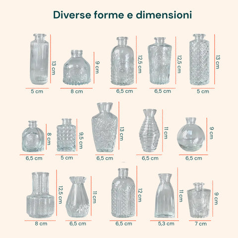 Set mit 15 transparenten Glasvasen für Blumen und Tischdekorationen in verschiedenen Formen und Größen