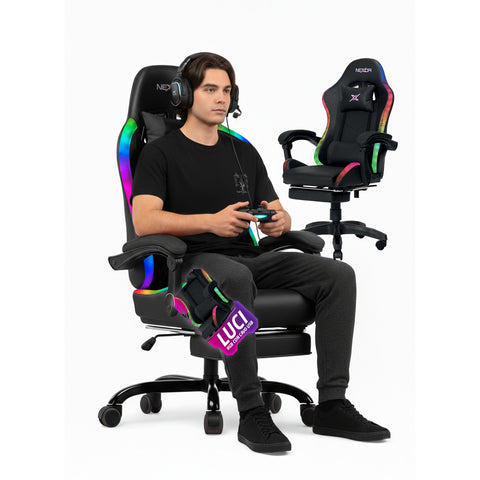 Gaming-Stuhl, neigbar, mit ausziehbarer Fußstütze, Lendenkissen und Kopfstütze