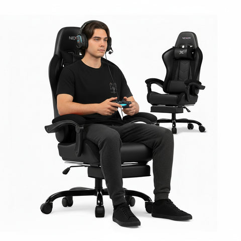 Neigbarer Gaming-Stuhl mit ausziehbarer Fußstütze, Lendenkissen und Kopfstütze