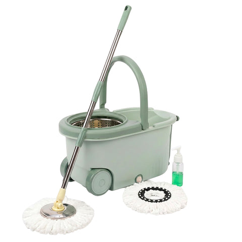 360°-Drehmopp-Set mit 14-Liter-Eimer - 46x27x22cm und Schleudervorrichtung aus Stahl – Inklusive 2 Mikrofasermoppköpfen, Seifenspender und Teleskopstiel – Universelles Bodenwisch-Set mit Rollen und Abfluss
