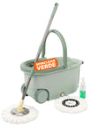 360°-Drehmopp-Set mit 14-Liter-Eimer - 46x27x22cm und Schleudervorrichtung aus Stahl – Inklusive 2 Mikrofasermoppköpfen, Seifenspender und Teleskopstiel – Universelles Bodenwisch-Set mit Rollen und Abfluss