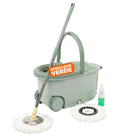 360°-Drehmopp-Set mit 14-Liter-Eimer - 46x27x22cm und Schleudervorrichtung aus Stahl – Inklusive 2 Mikrofasermoppköpfen, Seifenspender und Teleskopstiel – Universelles Bodenwisch-Set mit Rollen und Abfluss