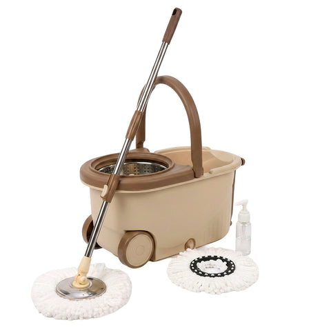 360°-Drehmopp-Set mit 14-Liter-Eimer - 46x27x22cm und Schleudervorrichtung aus Stahl – Inklusive 2 Mikrofasermoppköpfen, Seifenspender und Teleskopstiel – Universelles Bodenwisch-Set mit Rollen und Abfluss