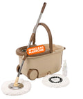 360°-Drehmopp-Set mit 14-Liter-Eimer - 46x27x22cm und Schleudervorrichtung aus Stahl – Inklusive 2 Mikrofasermoppköpfen, Seifenspender und Teleskopstiel – Universelles Bodenwisch-Set mit Rollen und Abfluss