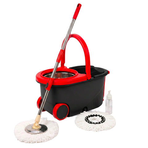 Wischmopp-Set 360° drehbar mit 14L Eimer – 46x27x22cm und Schleuder aus Edelstahl – Inklusive 2 Mikrofaser-Moppköpfen, Seifenspender und Teleskopstange – Universelles Bodenreinigungsset mit Rollen und Ablauf