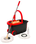360°-Drehmopp-Set mit 14-Liter-Eimer - 46x27x22cm und Schleudervorrichtung aus Stahl – Inklusive 2 Mikrofasermoppköpfen, Seifenspender und Teleskopstiel – Universelles Bodenwisch-Set mit Rollen und Abfluss