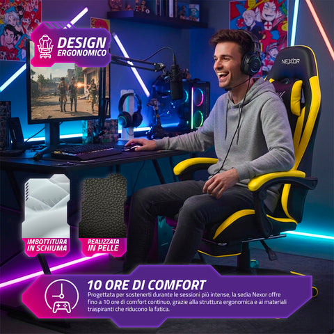 Neigbarer Gaming-Stuhl mit ausziehbarer Fußstütze, Lendenkissen und Kopfstütze