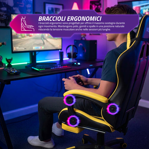 Neigbarer Gaming-Stuhl mit ausziehbarer Fußstütze, Lendenkissen und Kopfstütze