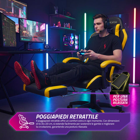 Neigbarer Gaming-Stuhl mit ausziehbarer Fußstütze, Lendenkissen und Kopfstütze