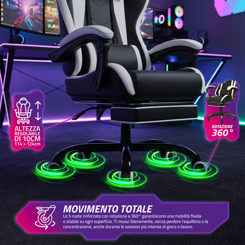Neigbarer Gaming-Stuhl mit ausziehbarer Fußstütze, Lendenkissen und Kopfstütze