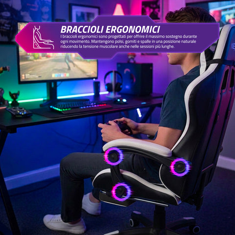Neigbarer Gaming-Stuhl mit ausziehbarer Fußstütze, Lendenkissen und Kopfstütze