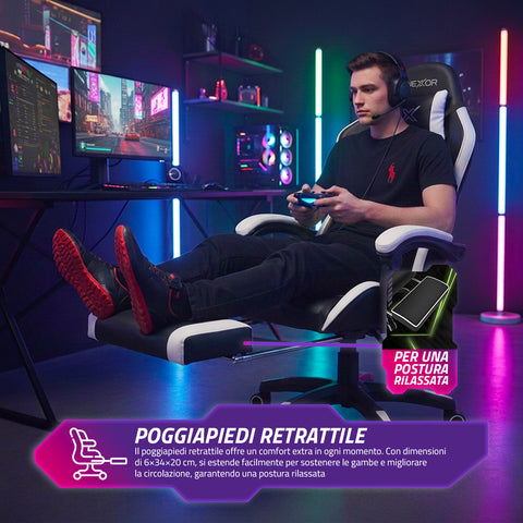 Neigbarer Gaming-Stuhl mit ausziehbarer Fußstütze, Lendenkissen und Kopfstütze