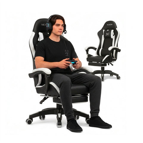 Neigbarer Gaming-Stuhl mit ausziehbarer Fußstütze, Lendenkissen und Kopfstütze