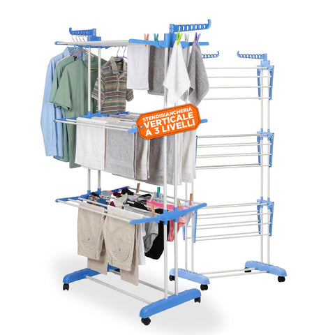 Vertikaler Wäscheständer mit 3 Ebenen aus Eisen und PP, ausziehbar und mit schwenkbaren Rollen – L105xP64xA173cm, Tragfähigkeit 20kg