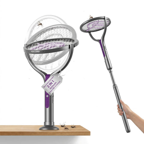 Elektrische 2-in-1-Mückenklatsche – Ausziehbarer Teleskopgriff 79-106 cm und um 90° drehbarer Kopf – 4000-V-Gitter mit 5 Schichten, 365-nm-UV-Licht und 1800-mAh-Akku mit USB-C – Insektenvernichter für die Decke