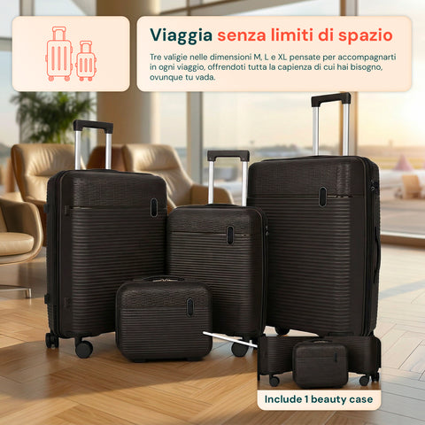 Set aus 3 Hartschalen-Reisetrolleys + Beauty-Case mit 4 multidirektionalen Rollen (56-66-76 cm)