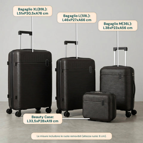 Set aus 3 Hartschalen-Reisetrolleys + Beauty-Case mit 4 multidirektionalen Rollen (56-66-76 cm)
