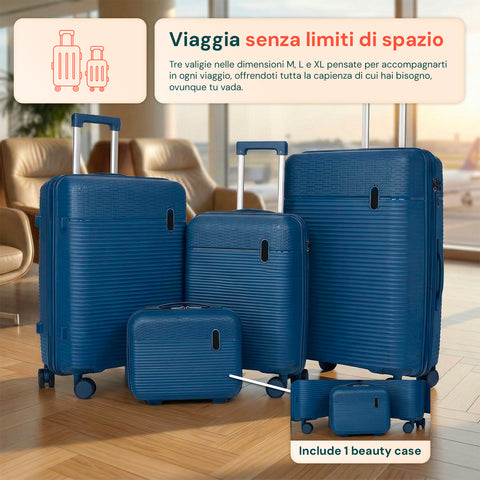 Set aus 3 Hartschalen-Reisetrolleys + Beauty-Case mit 4 multidirektionalen Rollen (56-66-76 cm)