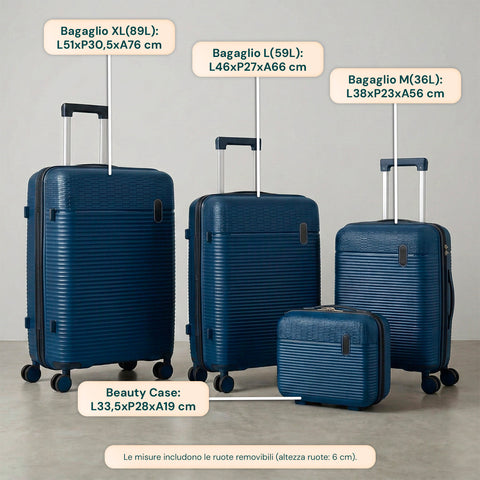 Set aus 3 Hartschalen-Reisetrolleys + Beauty-Case mit 4 multidirektionalen Rollen (56-66-76 cm)