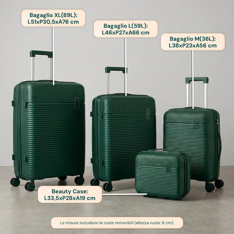 Set aus 3 Hartschalen-Reisetrolleys + Beauty-Case mit 4 multidirektionalen Rollen (56-66-76 cm)