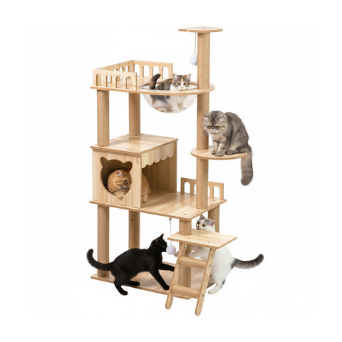 Mehrstöckiger Kratzbaum für Katzen mit Schlafhöhle und Hängematte, H135 cm