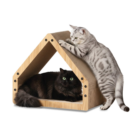 Katzenkratzbaum in Hausform mit Holzstruktur