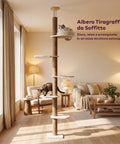Verstellbarer deckenhoher Kratzbaum 260-300 cm aus Holz und Jute mit Kuppelhängematte, Katzenhöhle und Plattformen