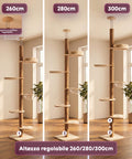 Verstellbarer deckenhoher Kratzbaum 260-300 cm aus Holz und Jute mit Kuppelhängematte, Katzenhöhle und Plattformen
