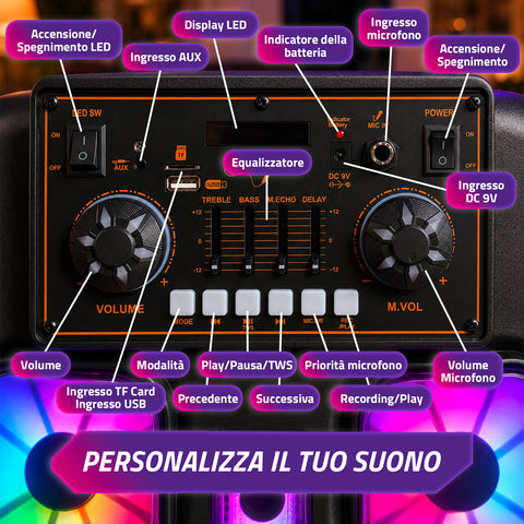 Bluetooth-Karaoke-Lautsprecher XL 90 cm 800 W mit RGB-LEDs und 2 kabellosen Mikrofonen inklusive