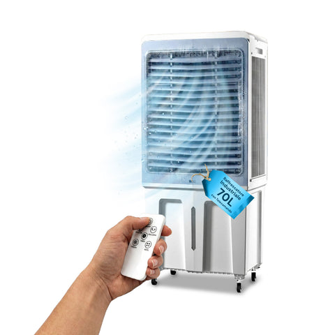 Tragbarer industrieller Verdunstungskühler, 70 Liter, 350 W, mit Fernbedienung und Timer - Klimaanlagen- und Ventilatorfunktion, 3 Geschwindigkeitsstufen und Oszillation