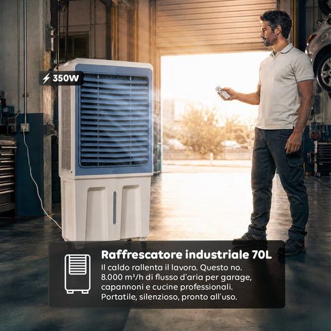 Tragbarer industrieller Verdunstungskühler, 70 Liter, 350 W, mit Fernbedienung und Timer - Klimaanlagen- und Ventilatorfunktion, 3 Geschwindigkeitsstufen und Oszillation