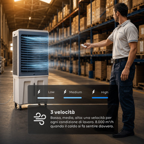 Tragbarer industrieller Verdunstungskühler, 70 Liter, 350 W, mit Fernbedienung und Timer - Klimaanlagen- und Ventilatorfunktion, 3 Geschwindigkeitsstufen und Oszillation