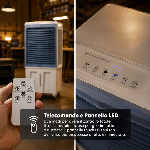 Tragbarer industrieller Verdunstungskühler, 70 Liter, 350 W, mit Fernbedienung und Timer - Klimaanlagen- und Ventilatorfunktion, 3 Geschwindigkeitsstufen und Oszillation
