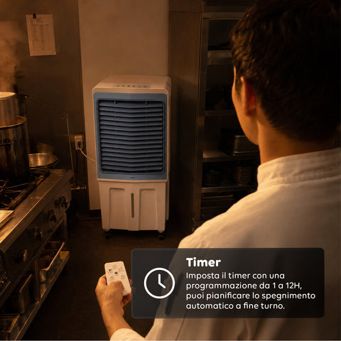 Tragbarer industrieller Verdunstungskühler, 70 Liter, 350 W, mit Fernbedienung und Timer - Klimaanlagen- und Ventilatorfunktion, 3 Geschwindigkeitsstufen und Oszillation