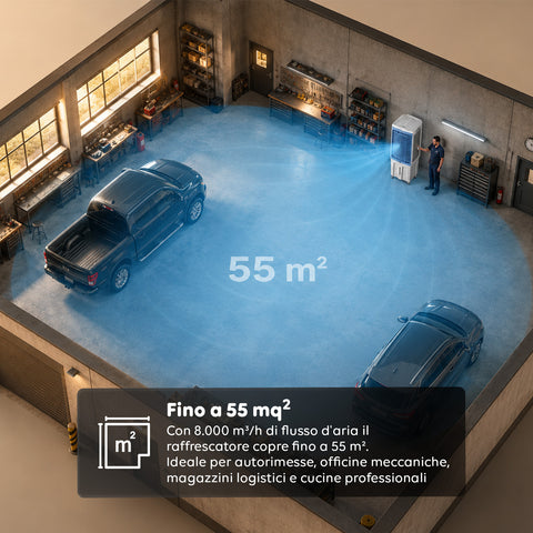 Tragbarer industrieller Verdunstungskühler, 70 Liter, 350 W, mit Fernbedienung und Timer - Klimaanlagen- und Ventilatorfunktion, 3 Geschwindigkeitsstufen und Oszillation
