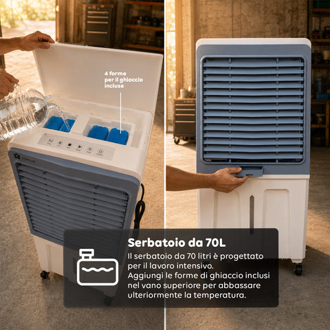 Tragbarer industrieller Verdunstungskühler, 70 Liter, 350 W, mit Fernbedienung und Timer - Klimaanlagen- und Ventilatorfunktion, 3 Geschwindigkeitsstufen und Oszillation