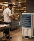 Tragbarer industrieller Verdunstungskühler, 70 Liter, 350 W, mit Fernbedienung und Timer - Klimaanlagen- und Ventilatorfunktion, 3 Geschwindigkeitsstufen und Oszillation