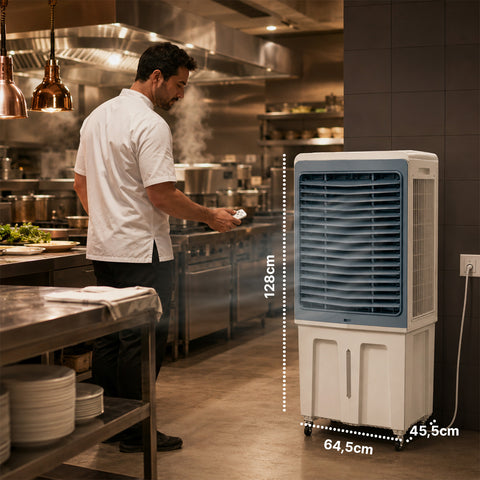 Tragbarer industrieller Verdunstungskühler, 70 Liter, 350 W, mit Fernbedienung und Timer - Klimaanlagen- und Ventilatorfunktion, 3 Geschwindigkeitsstufen und Oszillation