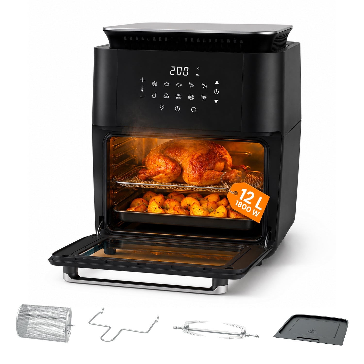Heißluftfritteuse 12 l mit LED-Touchdisplay, 60-Minuten-Timer und voreingestellten Rezepten