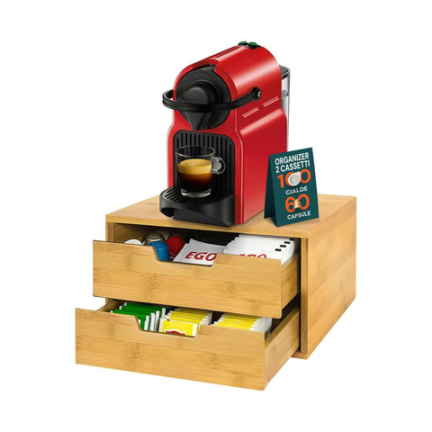 Aufbewahrung für Kaffeekapseln/-pads aus Bambus mit 2 vielseitig nutzbaren, platzsparenden Schubladen