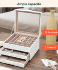 Schmuck-Organizer mit 3 Ebenen, Glasdeckel und 2 Schubladen