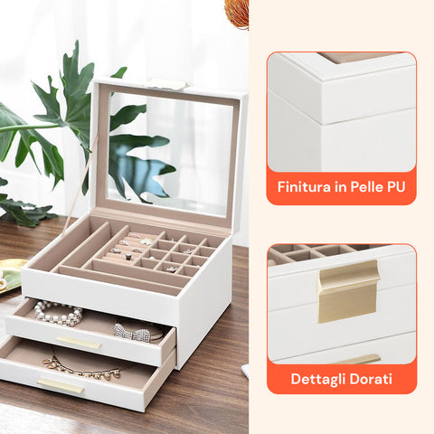 Schmuck-Organizer mit 3 Ebenen, Glasdeckel und 2 Schubladen