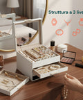 Schmuck-Organizer mit 3 Ebenen, Glasdeckel und 2 Schubladen