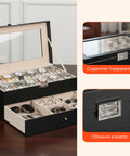 Organizer für Uhren und Schmuck aus schwarzem Leder mit Glasdeckel