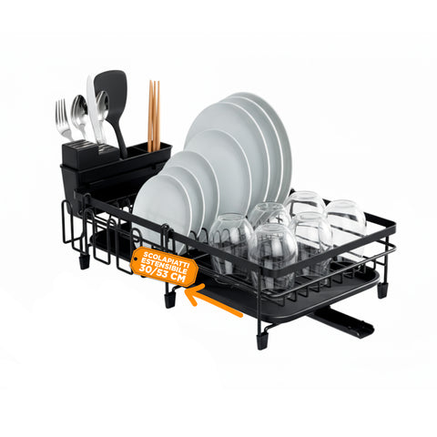 Modularer, platzsparender Geschirrabtropfer mit ausziehbarem Besteckhalter 30/53 cm